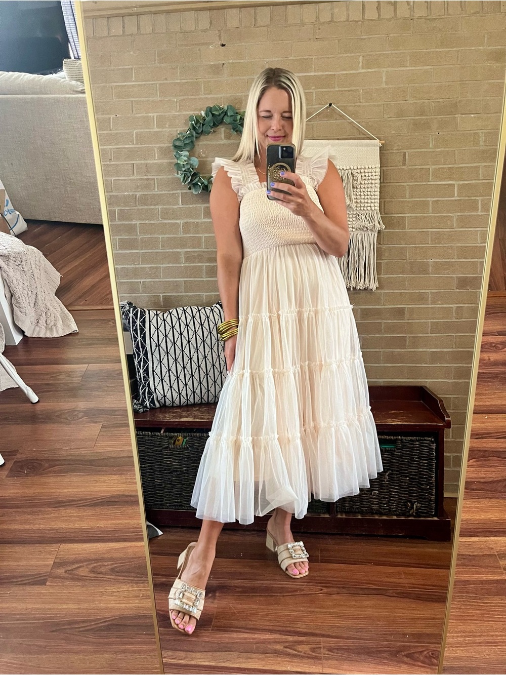 Listicle Cream Ruffled Smocked Midi Dress